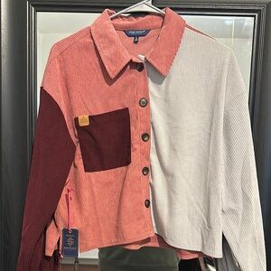 Simply Southern Red and White Bomber Jacket with Asymmetrical Design